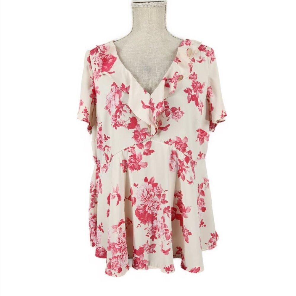 Torrid Georgette Flutter V Neck Blouse Women's L Monochrome Floral Rose